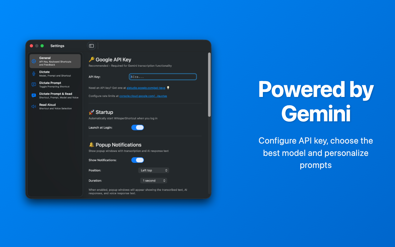 Powered by Gemini: cloud transcription and settings